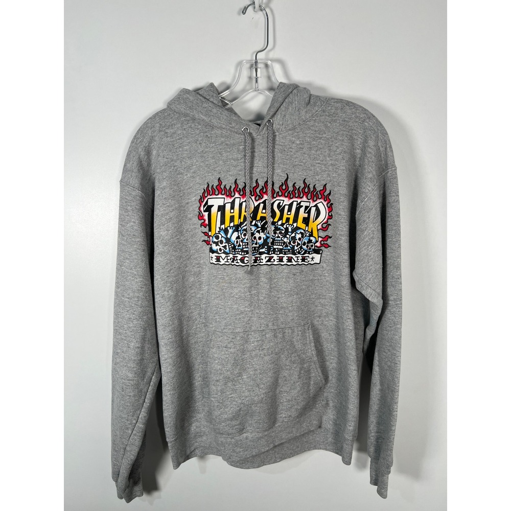Thrasher Magazine Hoodie Gray Skull Flame Graphic Skate Streetwear Mens Medium